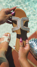 Load and play video in Gallery viewer, Video of gold embellished slip on sandals video

