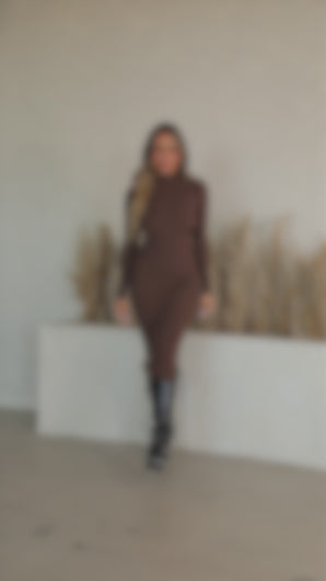 Video of model wearing brown sweater knit dress