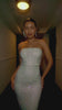 Model Wearing Fully Embellished Maxi Strapless Dress