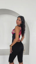 Load and play video in Gallery viewer, Model Wearing Black Capri Pant Styled with Flower Printed Mesh Top

