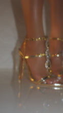 Load and play video in Gallery viewer, Video of gold embellished heels

