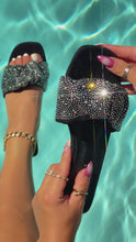 Load and play video in Gallery viewer, black embellished slip on sandals video
