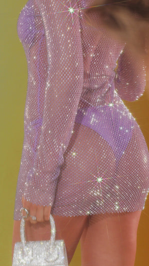 Model wearing lavender embellished fishnet dress