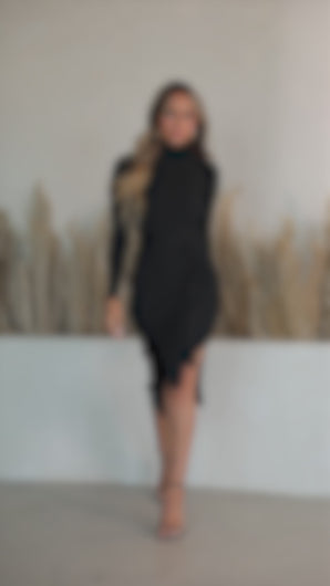 black knit dress on model