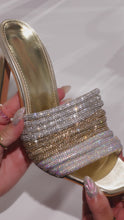 Load and play video in Gallery viewer, Model wearing gold embellished high heel mules video
