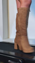 Load and play video in Gallery viewer, Hudson Wide Fit Platform Block Heel Boots - Camel Suede

