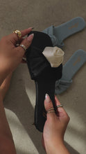 Load and play video in Gallery viewer, Black satin rose detailed sandal
