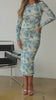 Model wearing mesh denim printed maxi dress