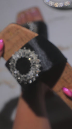 video of black embellished slip on sandals