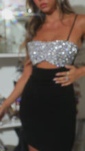 Load and play video in Gallery viewer, Model wearing black sequence mini dress video
