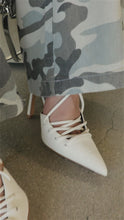 Load and play video in Gallery viewer, Model wearing white lace up heels video
