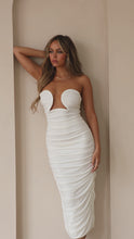 Load and play video in Gallery viewer, White Strapless Knit Ruched Midi Dress Video
