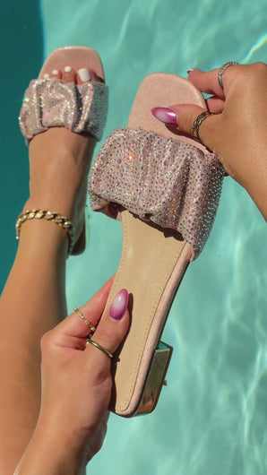 pink embellished slip on sandals by the pool video