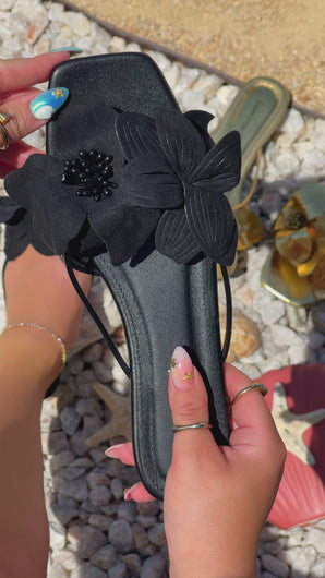 Video of Black Slip On Sandals with Flower Strap