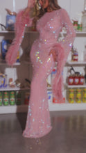Load and play video in Gallery viewer, Pink embellished mesh dress on model video
