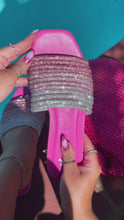 Load and play video in Gallery viewer, Video of Model holding pink Embellished Slip On Sandals
