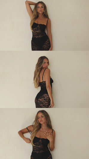 Model wearing black lace maxi dress video