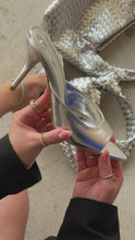 Load and play video in Gallery viewer, silver pointed toe mule heel video
