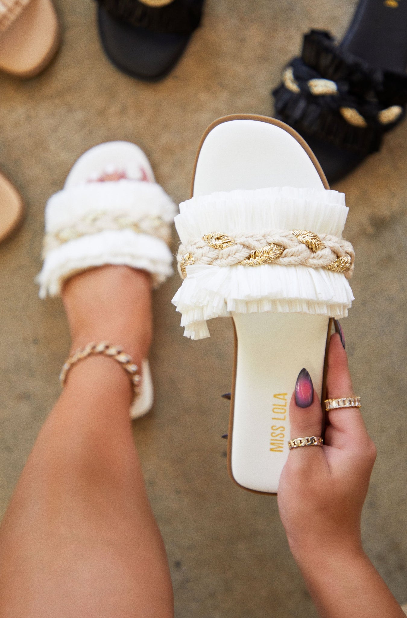 Fringe slip on sandals sales