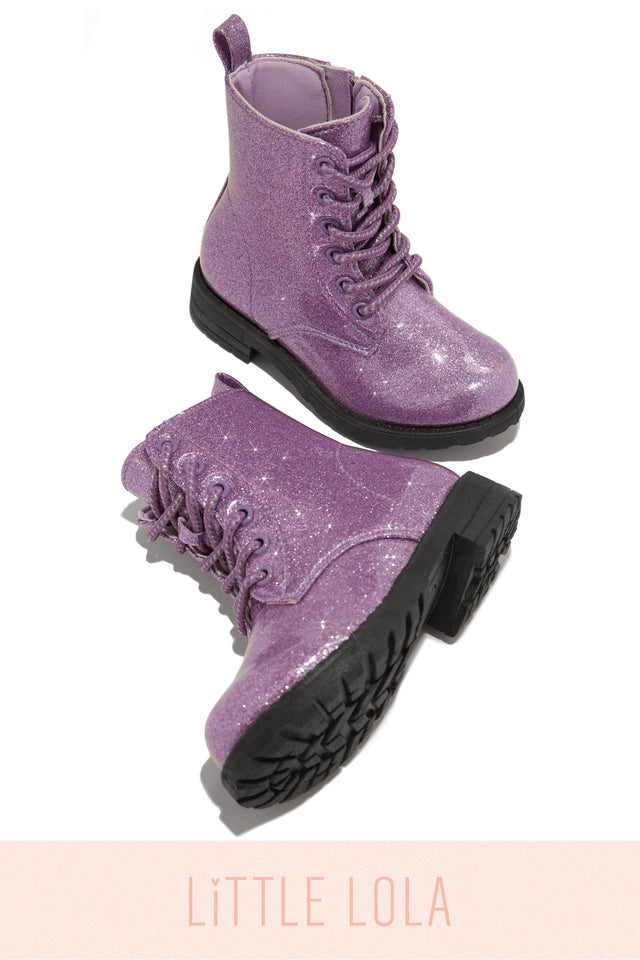 Miss Lola Mini Attitude Purple Kids Glitter Lace Up Combat Boots