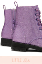 Load image into Gallery viewer, Mini Attitude Kids Glitter Lace Up Combat Boots - Purple
