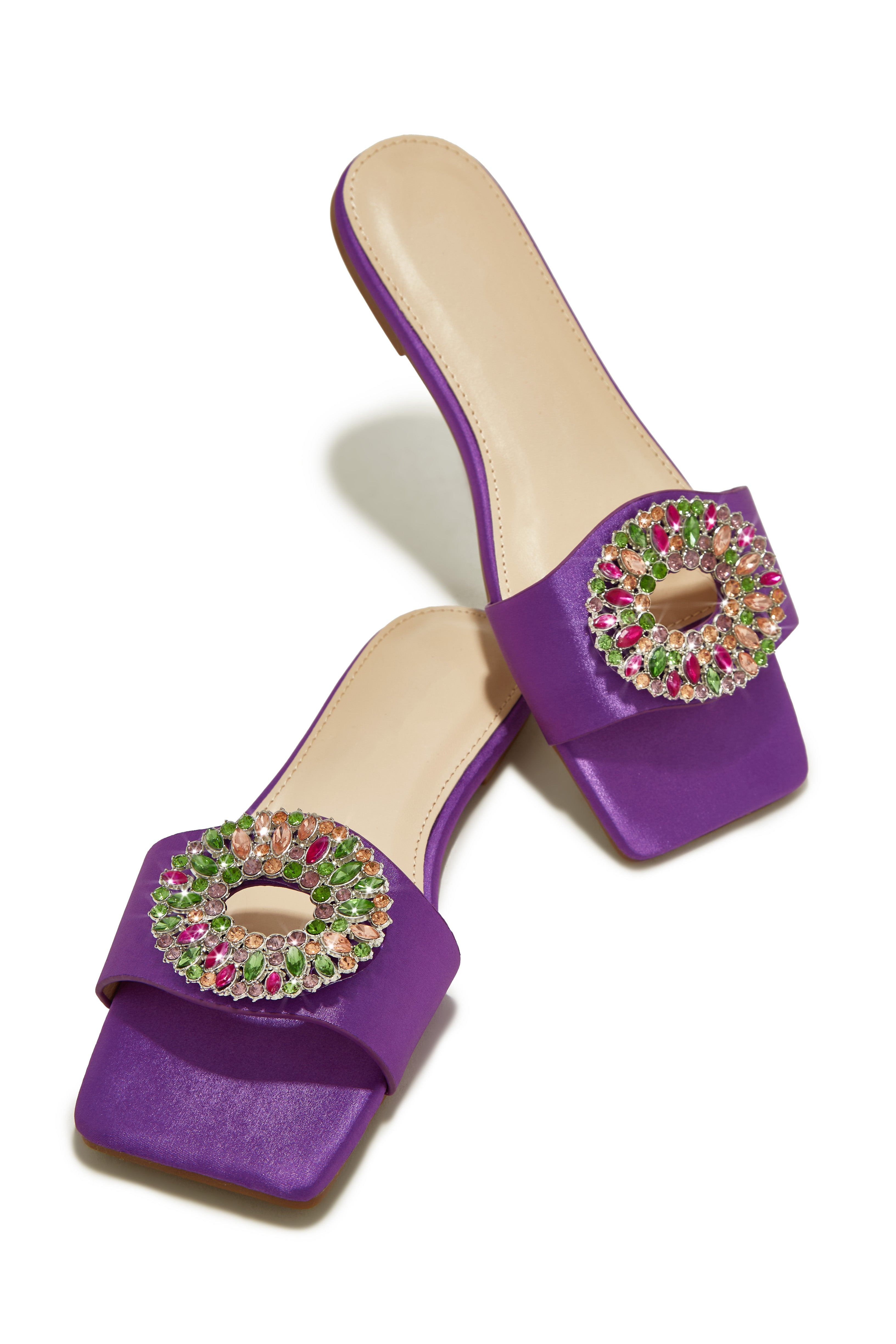 Miss Lola | Dolce Summer Purple Embellished Slip On Sandals – MISS LOLA