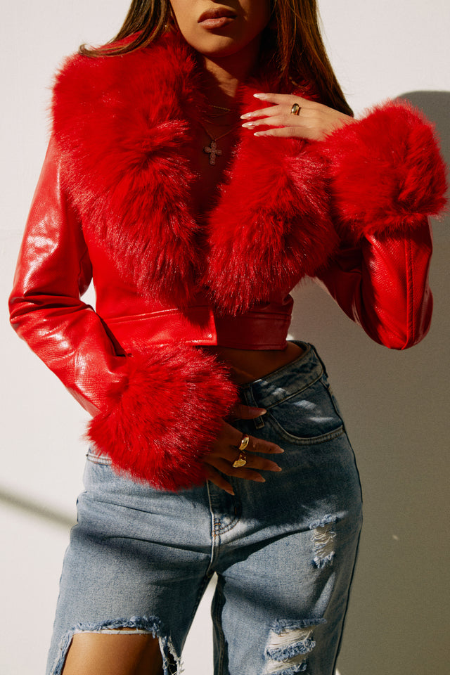 Load image into Gallery viewer, Bright Red Faux Fur Jacket
