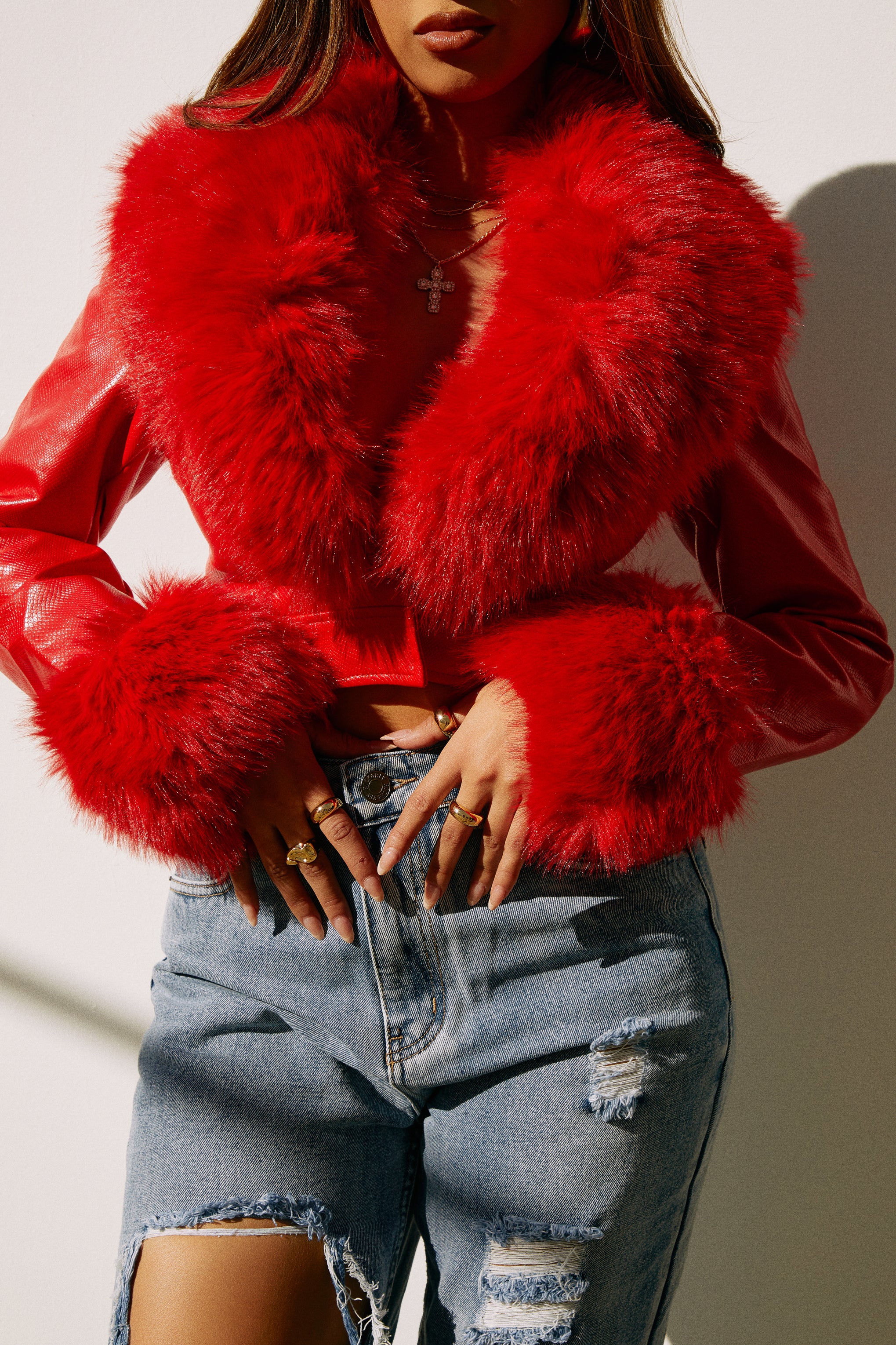 Kaylin Faux Fur Crop Jacket - Red