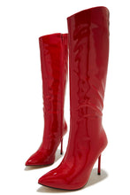 Load image into Gallery viewer, Red Patent Pointed Toe Knee High Boots
