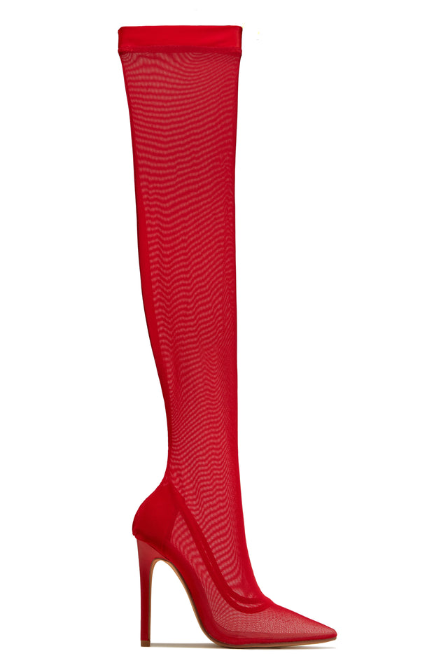 Miss Lola Timeless Allure Red Over The Knee Mesh High Heel Boots MISS LOLA