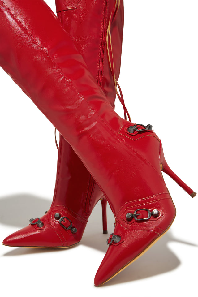 Load image into Gallery viewer, Adison Metallic Knee High Boots - Red
