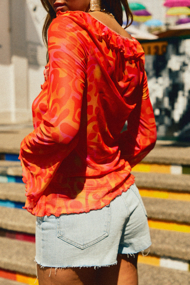 Load image into Gallery viewer, Red Sheer Cover Up Long Sleeve Top
