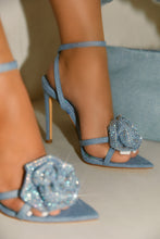 Load image into Gallery viewer, Bue Denim Embellished High Heels Worn By Female Model

