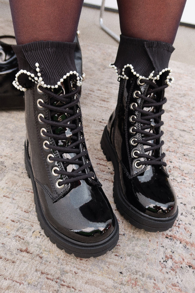 Rylen Lace Up Combat Boots - Black Pat