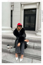Load image into Gallery viewer, Girl Sitting On Steps Wearing Black Trim Coat
