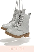 Load image into Gallery viewer, Mini Attitude Kids Glitter Lace Up Combat Boots - Silver
