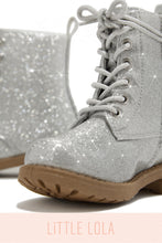 Load image into Gallery viewer, Mini Attitude Kids Glitter Lace Up Combat Boots - Silver
