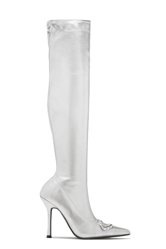 Load image into Gallery viewer, Silver-Tone Thigh High Boots

