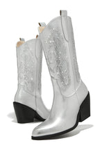 Load image into Gallery viewer, Silver-Tone Western Boots with Rhinestone Detailing
