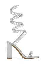 Load image into Gallery viewer, Silver-Tone Single Sole Chunky Heels with Embellished Around The Ankle Coil Strap
