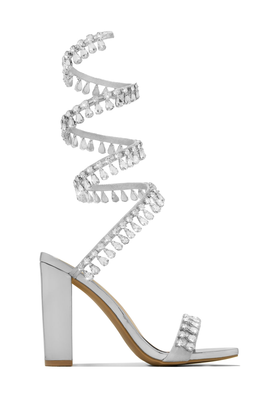 Silver-Tone Single Sole Chunky Heels with Embellished Around The Ankle Coil Strap