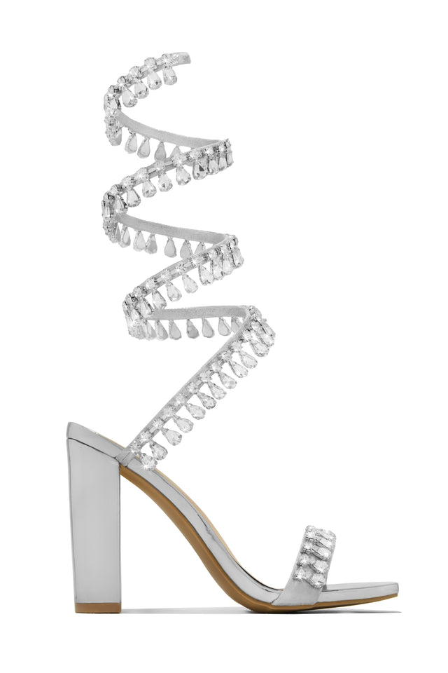 Load image into Gallery viewer, Silver-Tone Single Sole Chunky Heels with Embellished Around The Ankle Coil Strap
