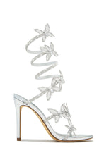 Load image into Gallery viewer, Silver-Tone Embellished Around The Ankle Coil Heels with Butterfly Patches
