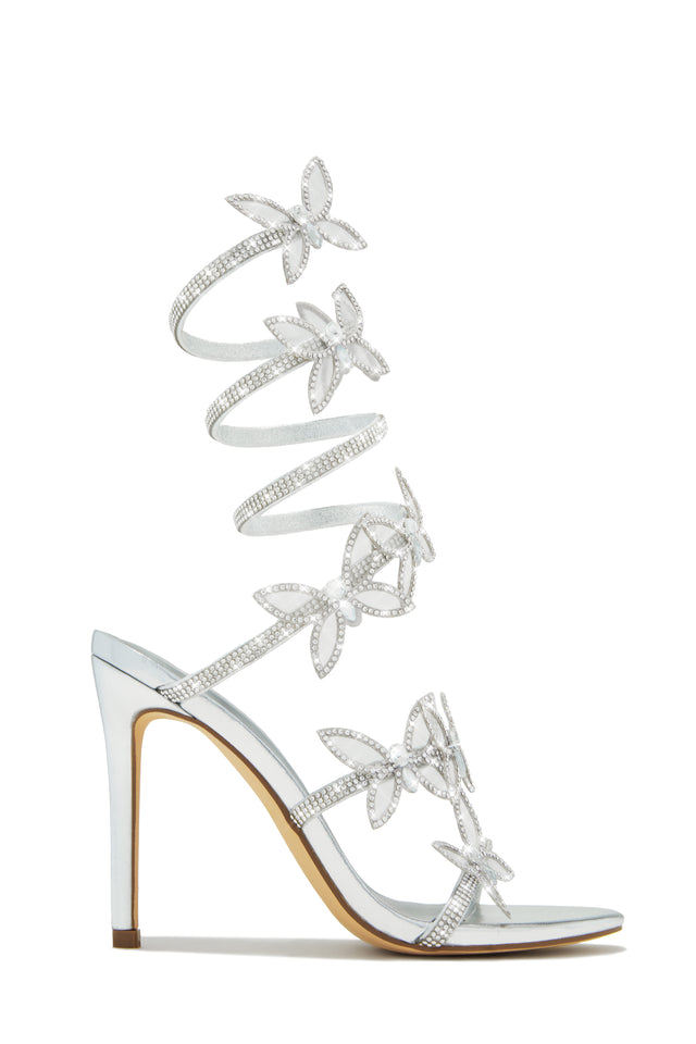 Load image into Gallery viewer, Silver-Tone Embellished Around The Ankle Coil Heels with Butterfly Patches

