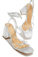 Load image into Gallery viewer, Briella Lace Up Block Heels - Silver
