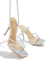 Load image into Gallery viewer, Silver-Tone Lace Up Heels with Open Square Toe
