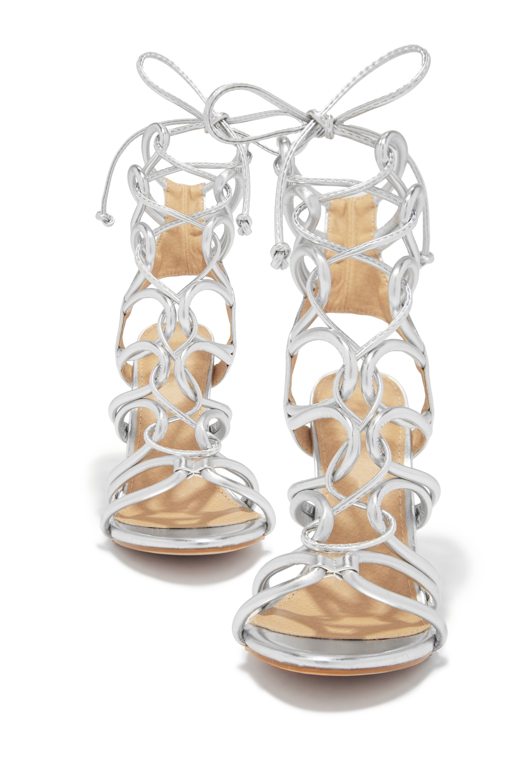 Miss Lola | Miami Vibes Silver Lace Up Block High Heels