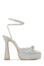 Load image into Gallery viewer, Bridal Silver Glitter Bow Embellished Ankle Strap Heels
