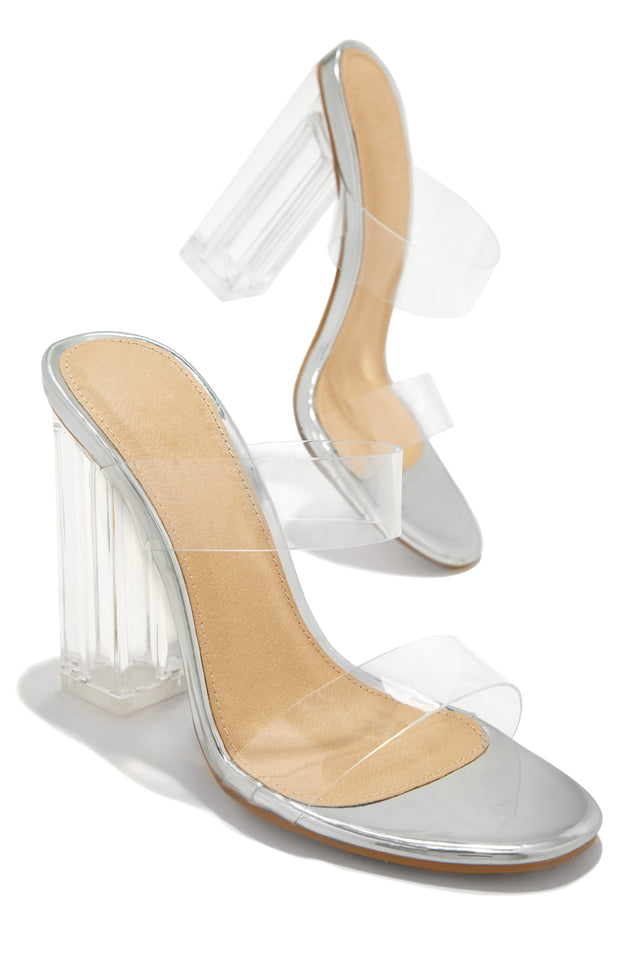 Load image into Gallery viewer, Your Next Date Clear Strap Block Heel Mules - Silver
