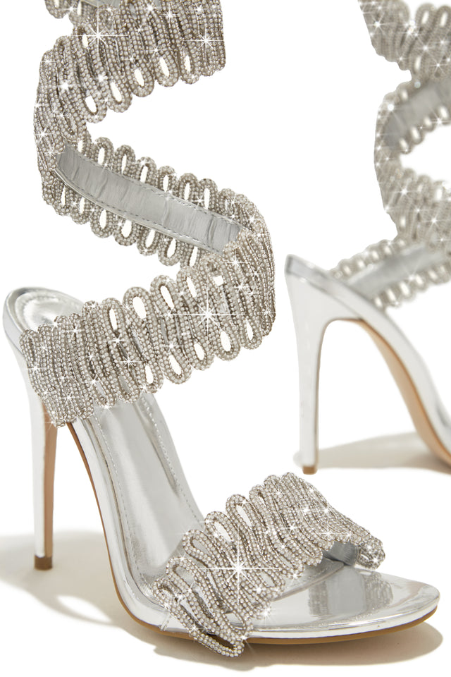 Load image into Gallery viewer, Exotic Touch Embellished Coil Strap High Heels - Silver
